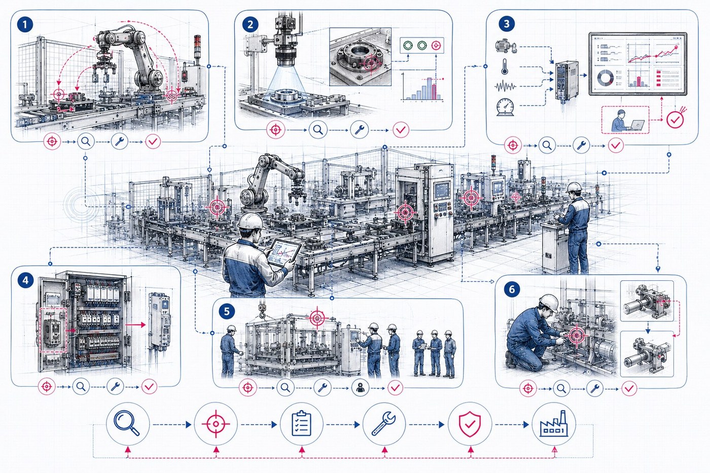 Visuel Cas terrain industriels OMNIATEC : cellule robotisée, vision industrielle, données industrielles, retrofit, support constructeur machine, maintenance corrective, diagnostic, action et validation terrain