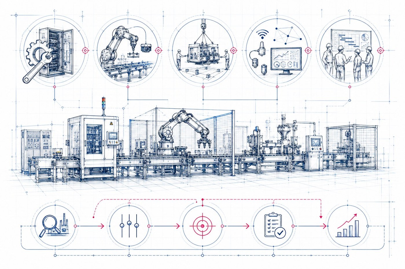 Visuel des expertises OMNIATEC : cinq piliers industriels autour d’une ligne de production, maintenance, robotique, transfert industriel, données et management