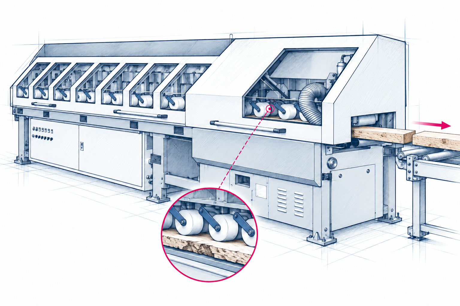 Illustration of a GRECON Type 2004 timber saw with pressure rollers and cut pieces leaving on the right.