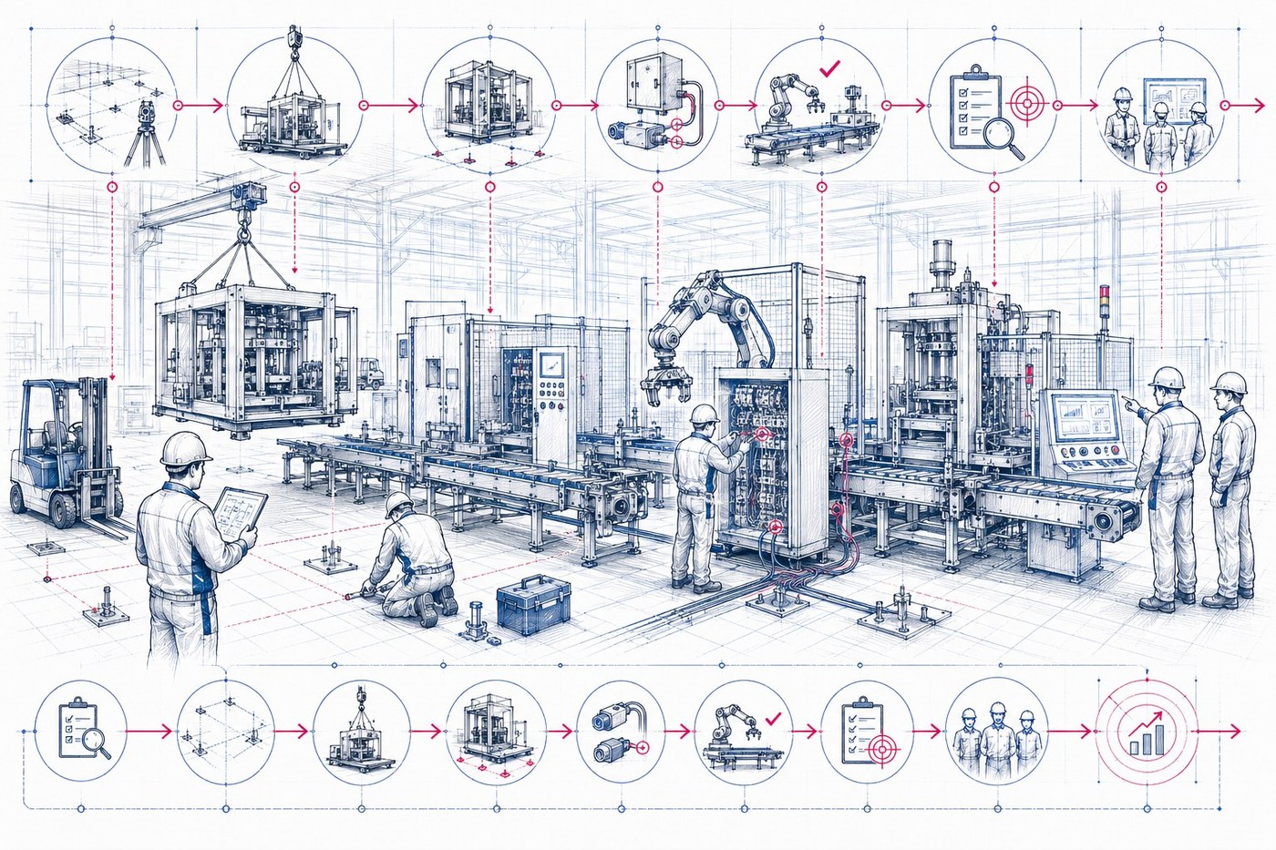 Visuel Installation et Transfert industriel OMNIATEC : préparation site, levage, installation de ligne, raccordements, essais, réception, formation et redémarrage exploitable