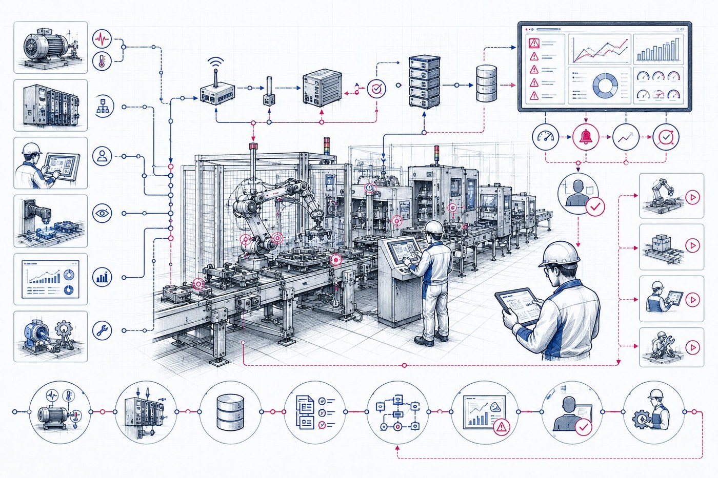 Visuel IoT et IA industrielle OMNIATEC : données machine, capteurs, supervision, flux industriels, alertes, validation humaine, aide à la décision et retour vers l’action terrain