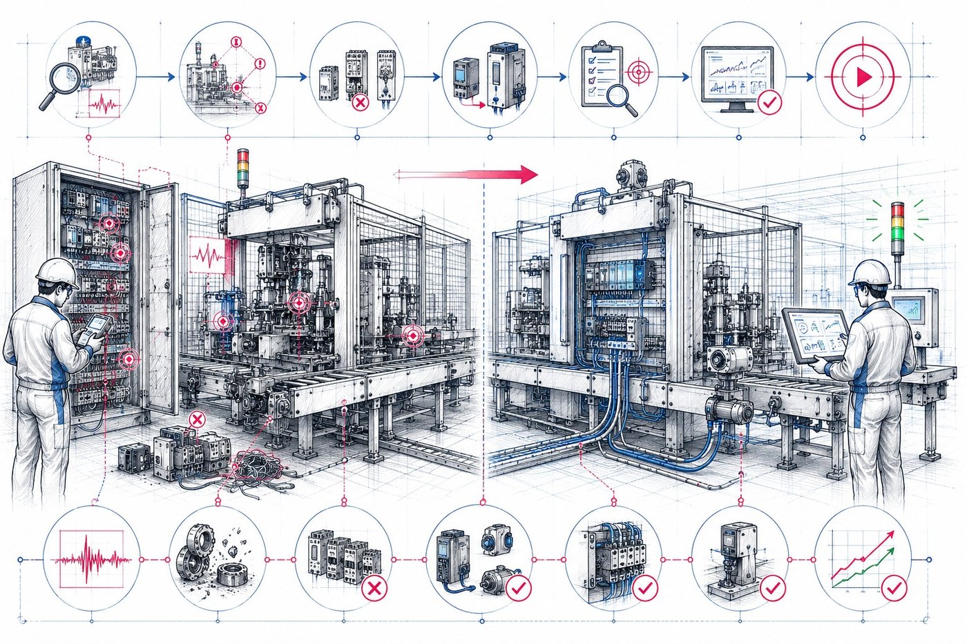 Visuel Maintenance et Retrofit OMNIATEC : diagnostic machine, défauts récurrents, obsolescence composants, retrofit automatisme, validation et redémarrage fiabilisé