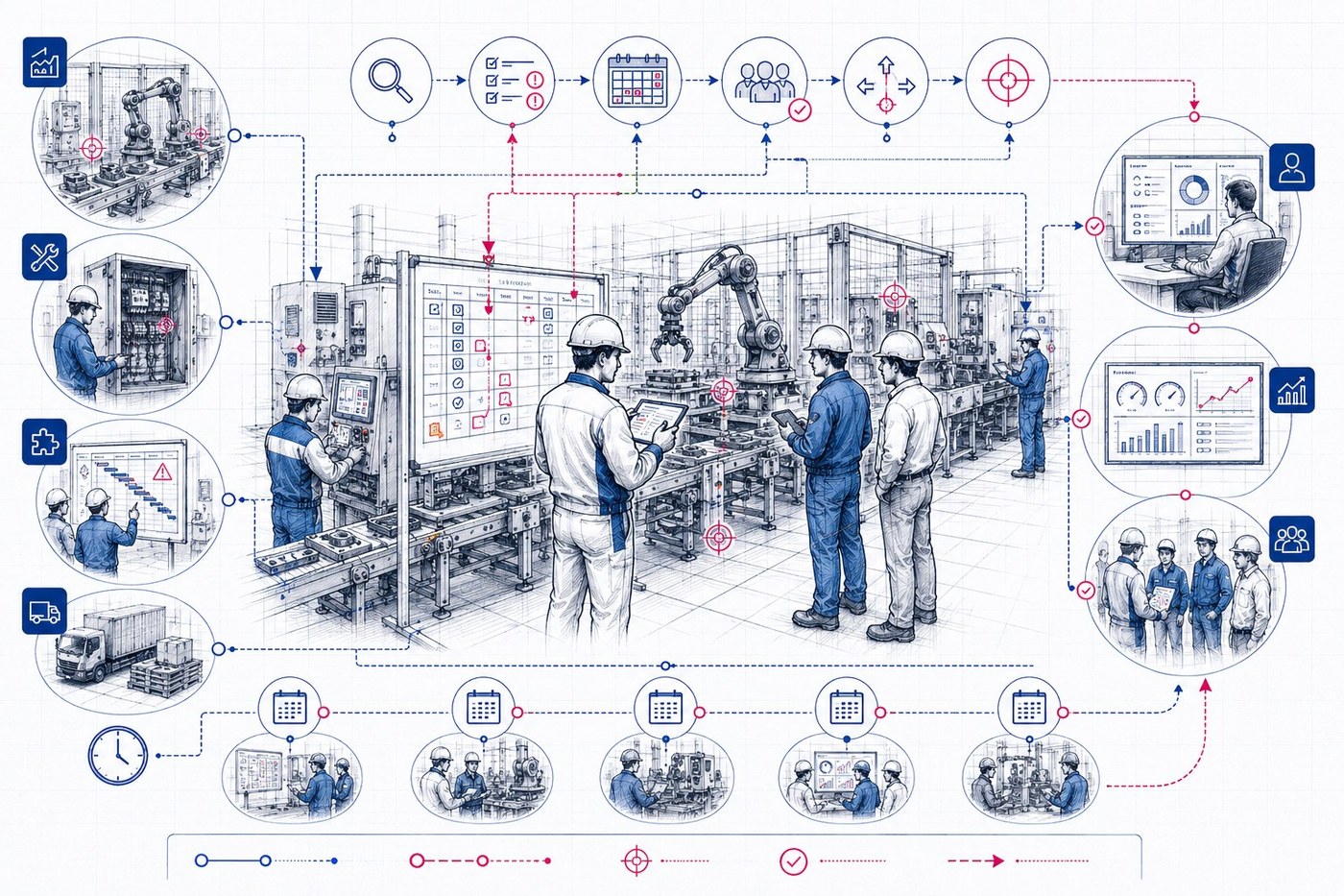 Visuel Management industriel en temps partagé OMNIATEC : pilotage terrain, priorités production, maintenance, projet industriel, coordination fournisseurs, rituels opérationnels, synthèse direction et stabilisation