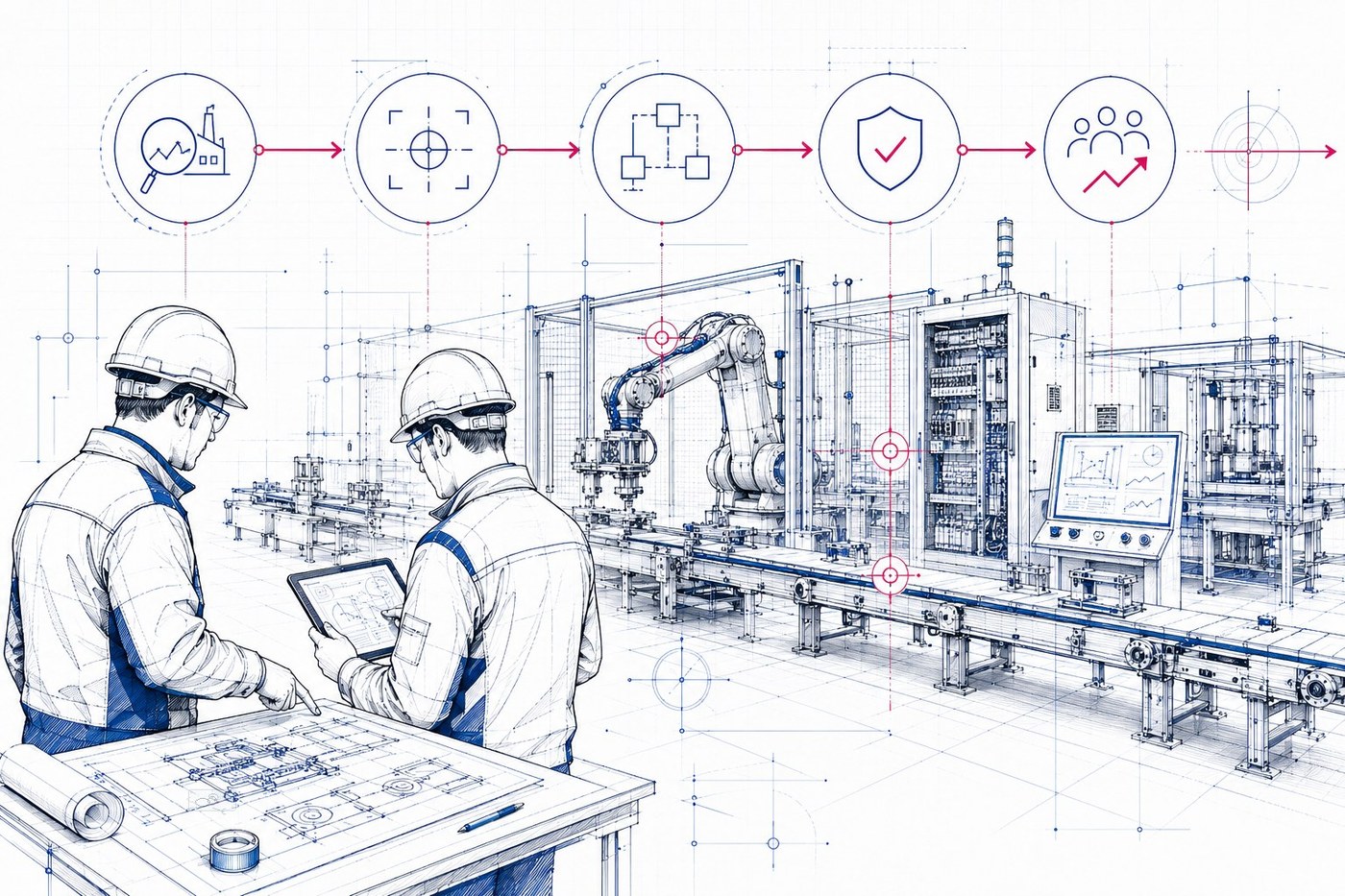 Visuel méthode OMNIATEC : deux techniciens analysent un plan devant une ligne robotisée, avec jalons de cadrage, validation et exécution