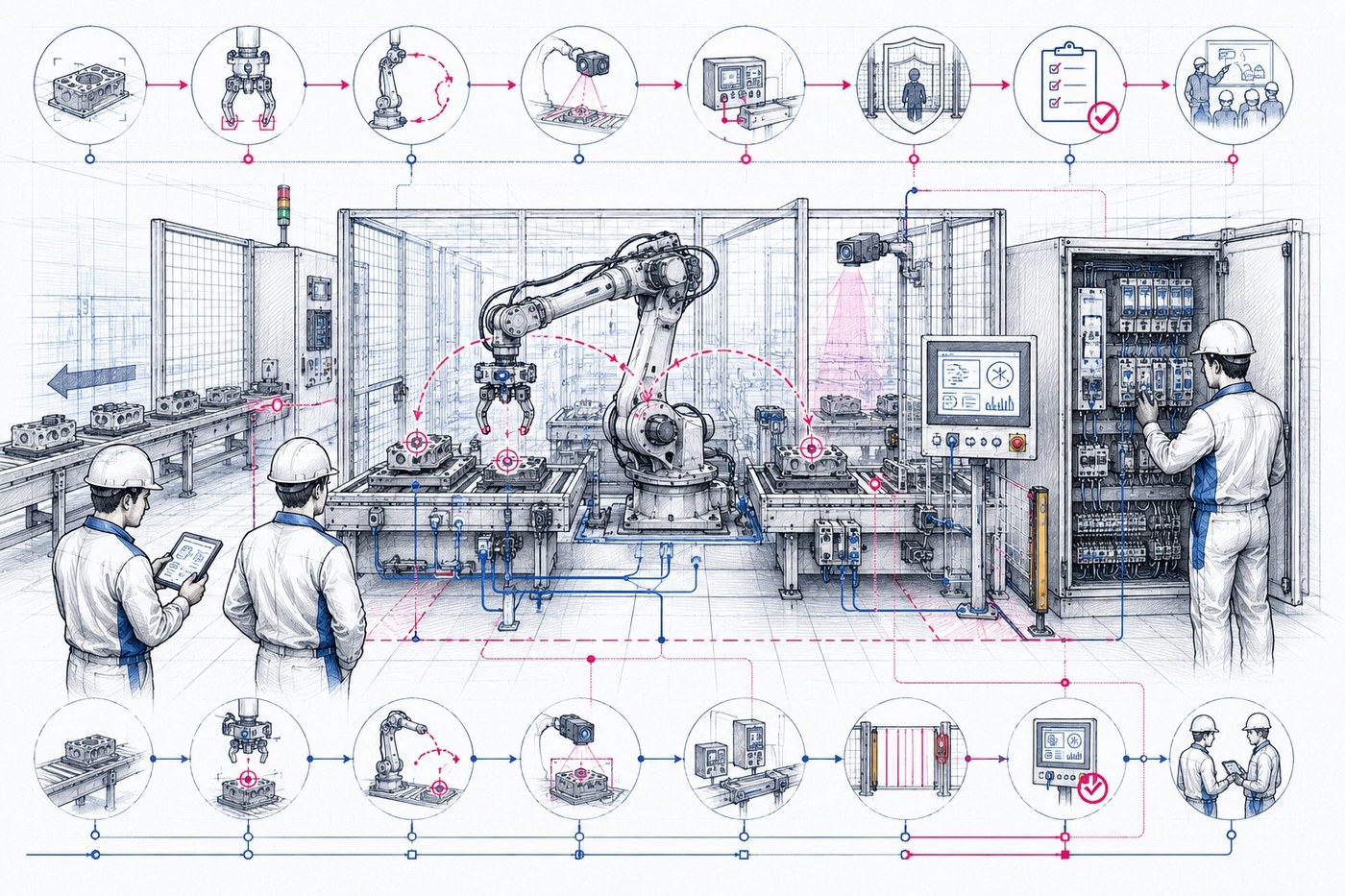 Visuel Robotique et Automatisation OMNIATEC : cellule robotisée avec convoyage, préhension, vision industrielle, interfaces machine, sécurité, FAT SAT et transfert opérateur
